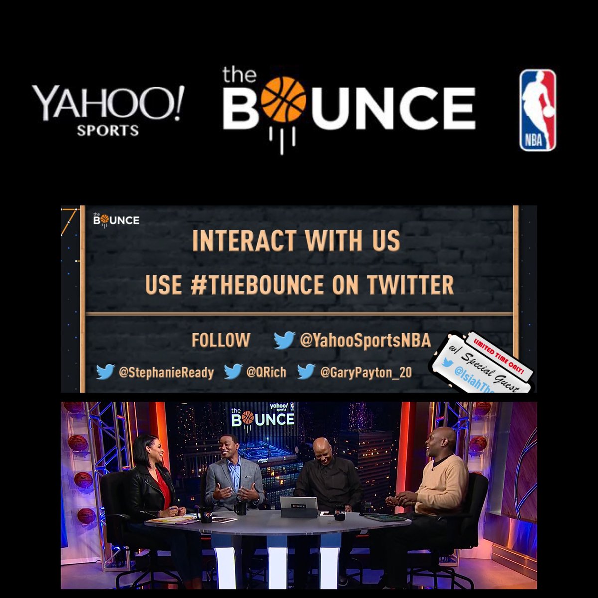 I hope yโall are watching @nba #TheBounce online @yahoosports app *Mon * Wed *Fri. 7:30 p.m. (EST) Until Final Basketball Game Ends! ๐ with Host @StephanieReady and Analysts @GaryPayton_20 @qrich @IsiahThomas makeup, hair and male grooming by @jamillahsimmons