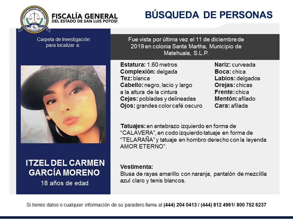 FiscaliaSLP's tweet photo. Solicitamos tu colaboración y #RT para localizar a Itzel Del Carmen García Moreno. Fue vista por última vez en #Matehuala #SLP. https://t.co/IpjKo8gOuo