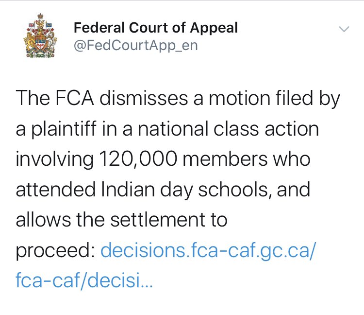 IndigPoli's tweet photo. *Big News* for Day School students and survivors, the Federal Court of Appeal has dismissed the action by Chief Ottawa. Paving the way for #GaryMcLean Class Action to proceed to payout for the estimated 120-140k former students #IndianDaySchool #indigpoli #cdnpoli #nativetwitter https://t.co/amdCGs9yPT