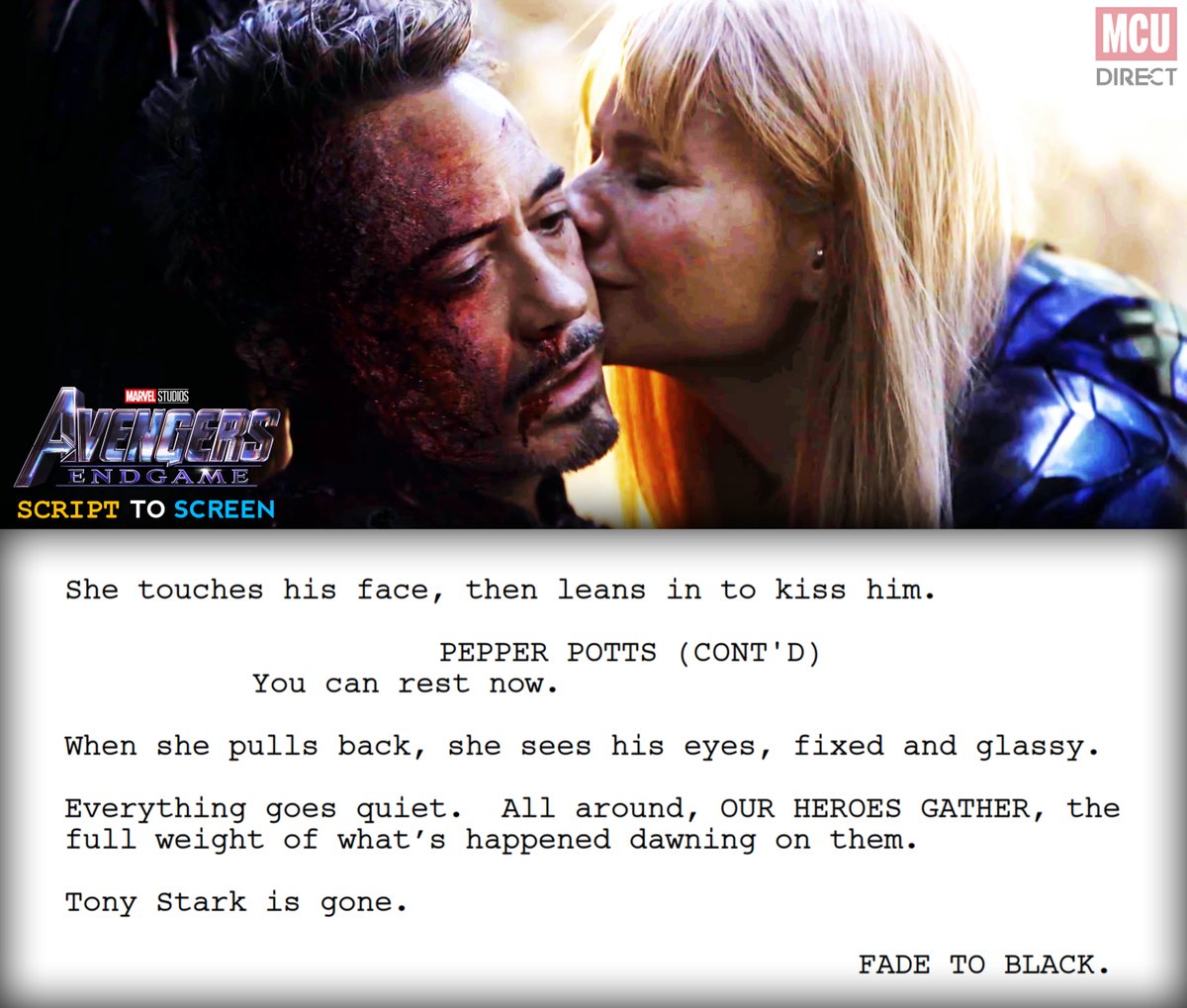 MCU_Direct's tweet photo. "Tony Stark is gone."

Full #AvengersEndgame screenplay: https://t.co/CTRBK5OET9 https://t.co/IGDAHmM8VX