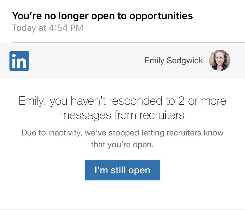 EmilyIsSoRandom's tweet image. Hey @LinkedInHelp, I’ve responded to every single message I’ve received from a recruiter over the past several months, even just to say “no thank you” if I wasn’t interested in the role. Is there a secret inbox I’m not seeing?