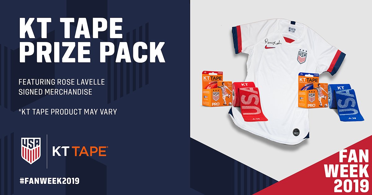 In celebration of #FanWeek2019, @kttape proud supporter of <a href="/ussoccer/">U.S. Soccer</a>, is giving away a #USWNT jersey signed by <a href="/roselavelle/">Rose Lavelle</a> + 2 rolls of Limited Edition Rose Lavelle KT Tape Pro! 

Follow @kttape and hit that RT button for a chance to win!
Rules » ussoc.cr/rulestw