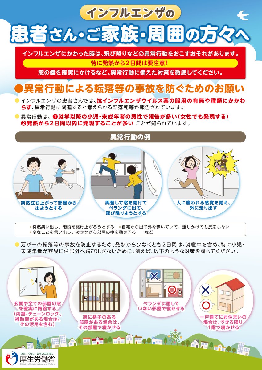 広島県 A Twitteren インフルエンザ の患者さん ご家族 周囲の方々へ インフルエンザにかかった時は 飛び降りなどの異常行動 をおこす恐れがあります 抗インフルエンザウイルス薬服用の有無にかかわらず 異常行動に備えた対策を徹底してください 特に発熱