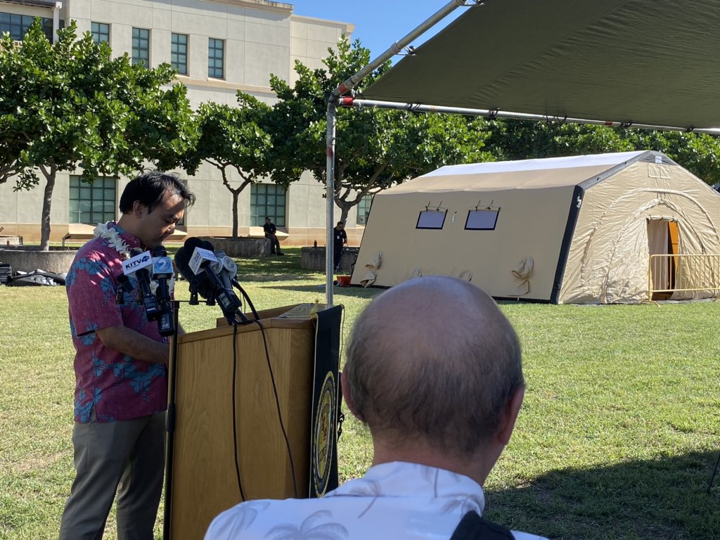 ScottMorishige's tweet photo. The City &amp; County of Honolulu and HPD unveiled the tents that will be used for the Homeless Outreach and Navigation for Unsheltered Persons project, or HONU. Scott Morishige, the Governor’s Coordinator on Homelessness, spoke at the event. https://t.co/zeIG8Bp5kw