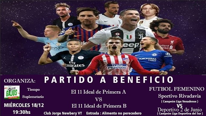 💣Partdio a Beneficio ... El 11 ideal de la A vs El 11 ideal de la B , tambien se sumaron las campeonas del Futbol Femenino de la Liga Venadense Sportivo Rivadavia vs Deportivo 2 de Junio de la Liga Deportiva del Sur . Va haber sorpresas, regalos e invitados.