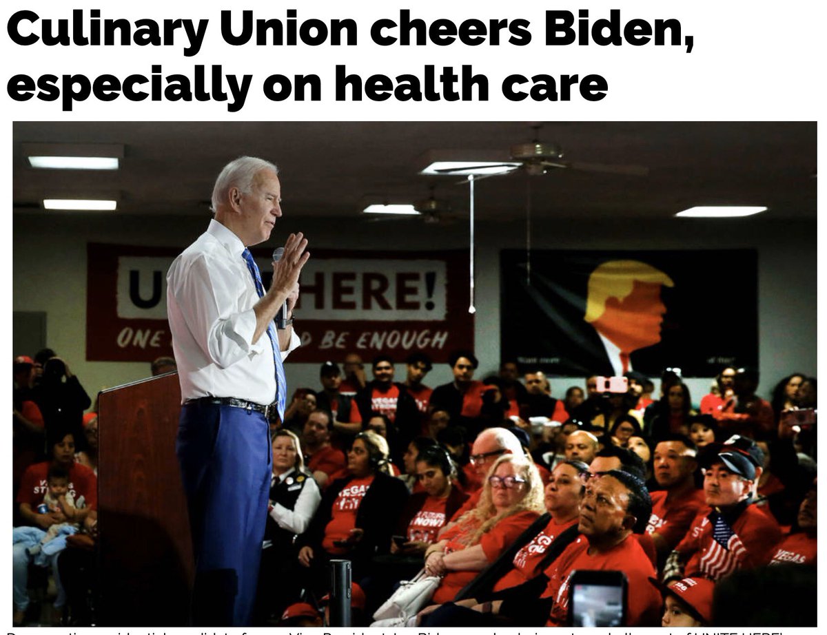vedantpatel90's tweet image. Love me a good headline. “People who have busted their neck, walked down picket lines, gave up pay, took hits in order to get significant healthcare available, you get to keep it” says @JoeBiden on the @Culinary226 health plan &amp;amp; all union health plans. #FITW #TeamJoe