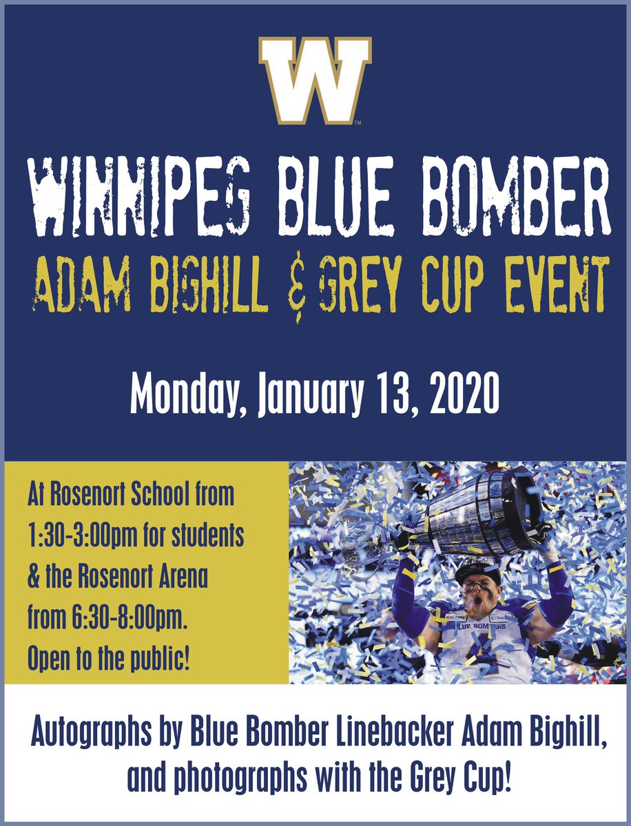 harleysiemens's tweet photo. So thrilled to be able to say that the Grey Cup is coming to Rosenort!! Huge props go to @bighill44 for being so willing to make this happen!! Come out from 6:30-8:00pm to Rosenort Arena on Jan 13!! @Wpg_BlueBombers @cfl #greycup #smalltown #ruralmanitoba #football #siemensfarms https://t.co/5t4rnO4pnu
