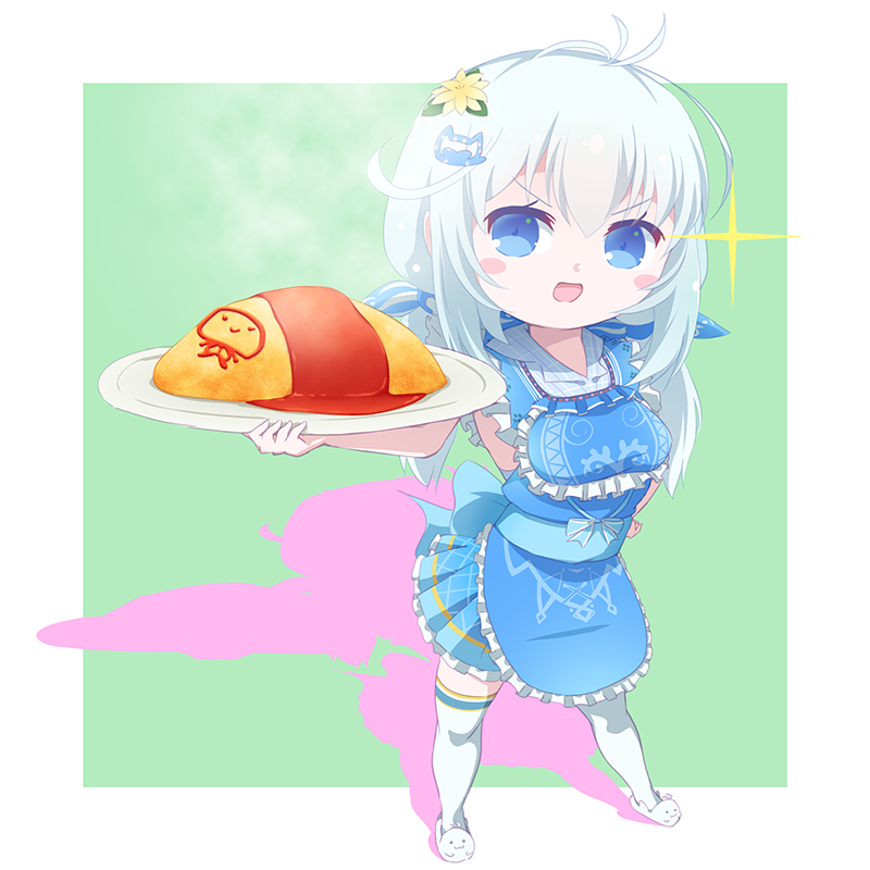 siro (dennou shoujo youtuber siro) 1girl blue eyes omurice food thighhighs hair ornament omelet  illustration images