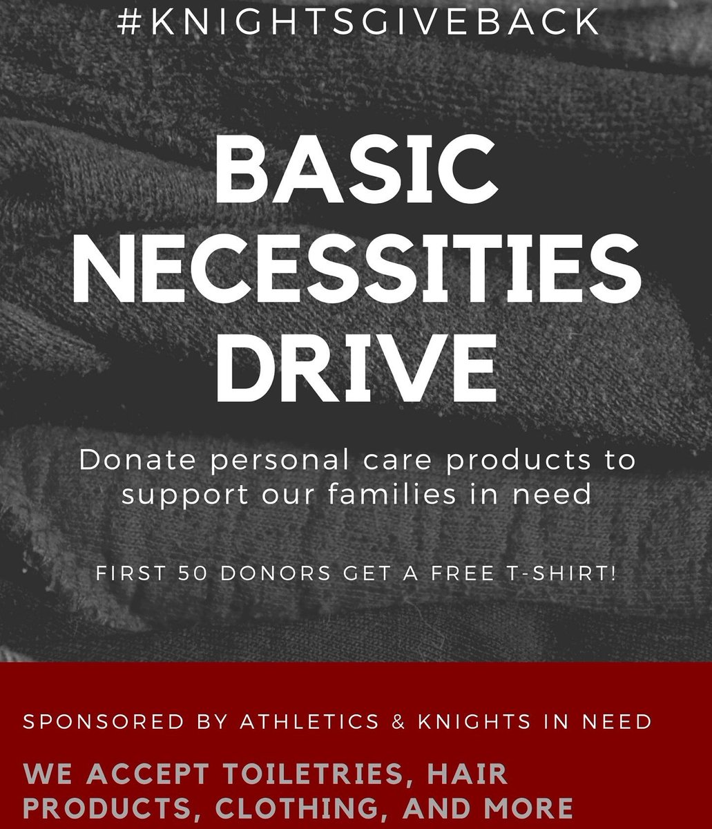 Fridays game will be Knights Give Back night &amp; a white out. Students who bring items for Knights Give Back get into the game free. Items must be new &amp; valued at $5 or more. Plus, 1st 50 students get a white bball shirt.  Wear white &amp; hope see you there! #TDB #UBUNTU #GOKNIGHTS