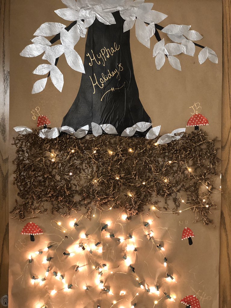 When your lab mate <a href="/adrienne_keller/">Adrienne Keller</a> is out of town &amp; you steal her #1 tech (THE Brindin Parrot) to decorate the lab door for a holiday door competition (mushrooms by Brindin) 😜🍄 #hyphaeholidays #lablife