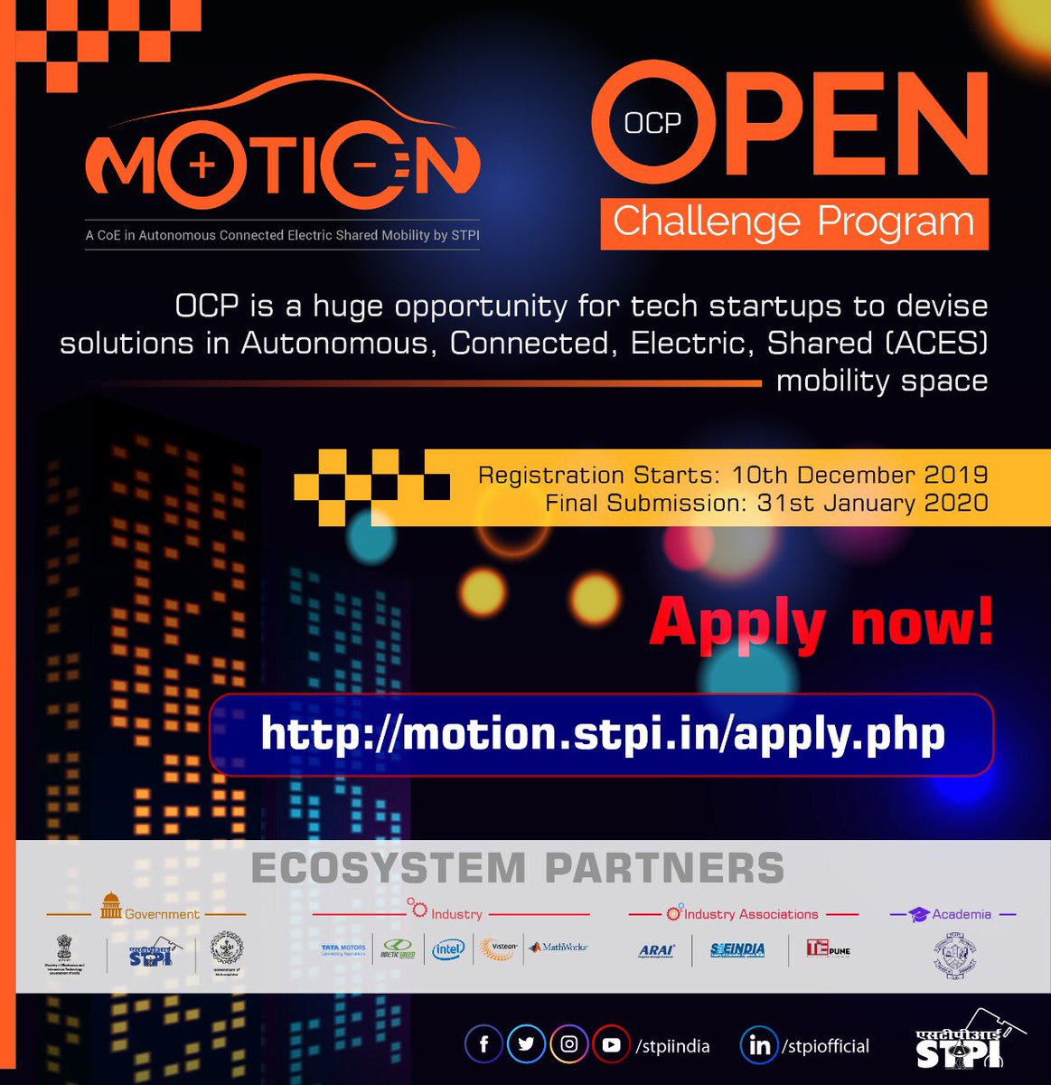 stpiindia's tweet image. #STPIMOTION, a CoE in Automotive has come up with the #OpenChallengeProgram to find innovative start-ups in the field of #ACES. Find the missing parts of your start-up engine in the #STPIstartupecosystem! Apply now on motion.stpi.in/apply.php #STPICoEs