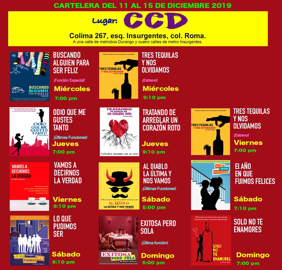 Aquí nuestra cartelera vigente del miércoles 11 al  domingo 15 de diciembre de 2019.

ÚLTIMAS SEMANAS DEL AÑO. 

¿Te gusta emocionarte en el teatro? 

#EmocionesParaTuVida