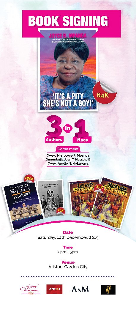 <a href="/JoyceRMpanga/">Joyce R. Mpanga</a> will be signing copies of her book "It's A Pity She's Not A Boy" at <a href="/AristocBooklex1/">Aristoc Booklex</a> Garden City on Saturday the 14th December 2019 from 2pm to 5pm.