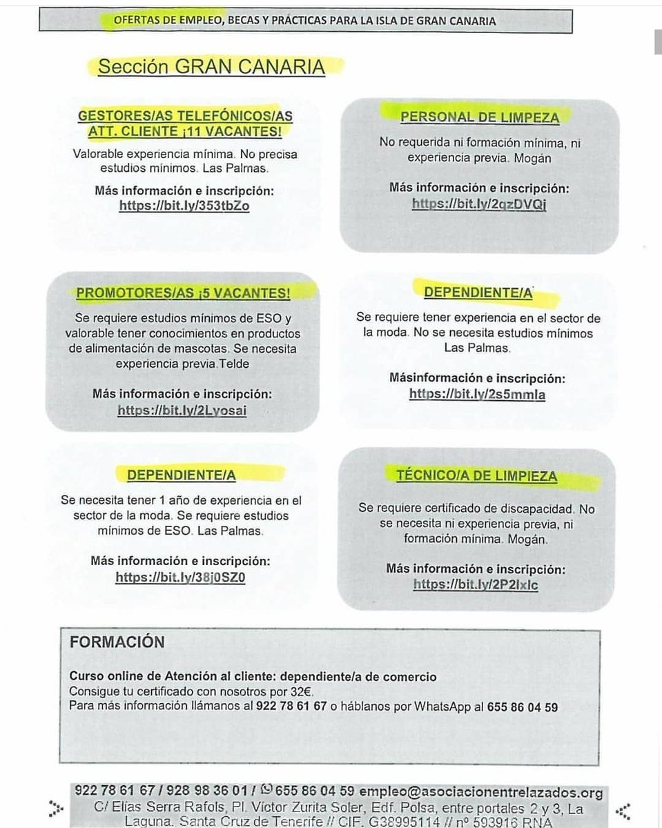 Desde <a href="/EntrelazadosONG/">Asoc. Entrelazados</a> y <a href="/AytoGaldar/">Ayuntamiento de Gáldar</a> se ofrecen estas ofertas de empleo. Tienes información en cada casillita. Para saber más, sigue cada link. 💪🔎
#ofertaempleo #REDSIJ #infojovenpablomontesino #entrelazadosong #TASOTgrupo2Jan