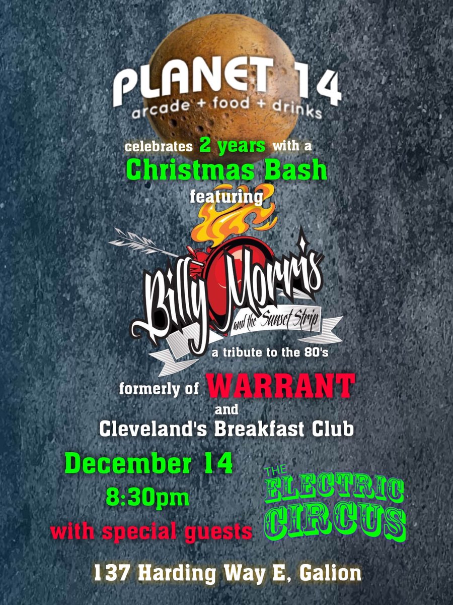 billymorrisband's tweet image. This Saturday! Get your ugly Christmas sweaters out! 
Who’s going!? #Christmasbash #rocknroll #party #uglychristmassweater #contest #billymorrisandthesunsetstrip #sunsetstrip #holdinalltheaces #album #tributetothe80s #heavymetal #planet14arcade #galionohio #electriccircus