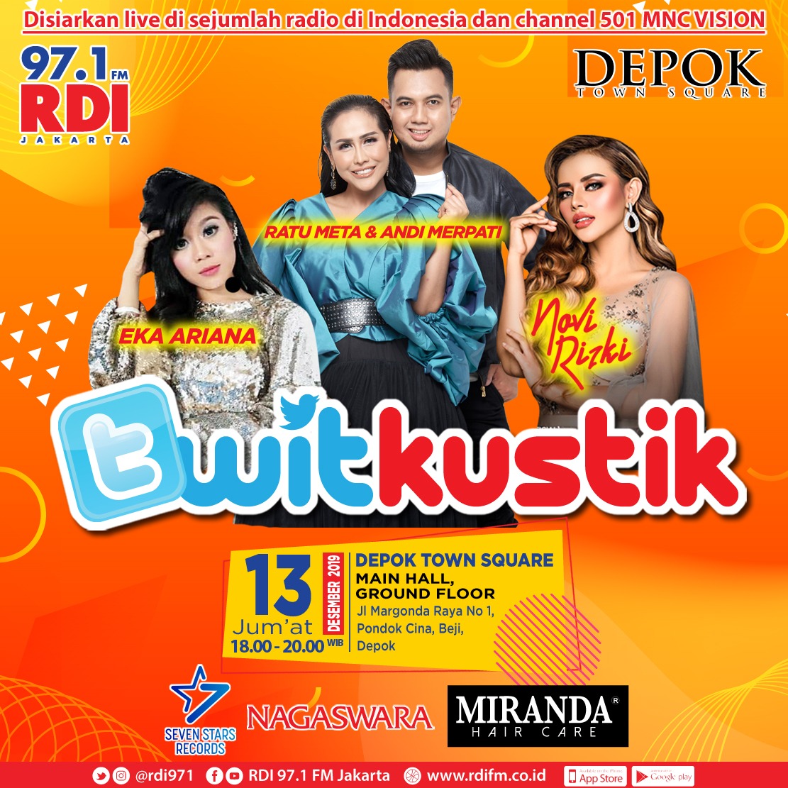 Eka Ariana, Novi Rizki, Ratu Meta ft Andi Merpati bakal ngeramein Twitkustik di Depok Town Square hari Jumat 13 Desember mulai jam 6 sore. Ketemu dan seru2an disana ya!