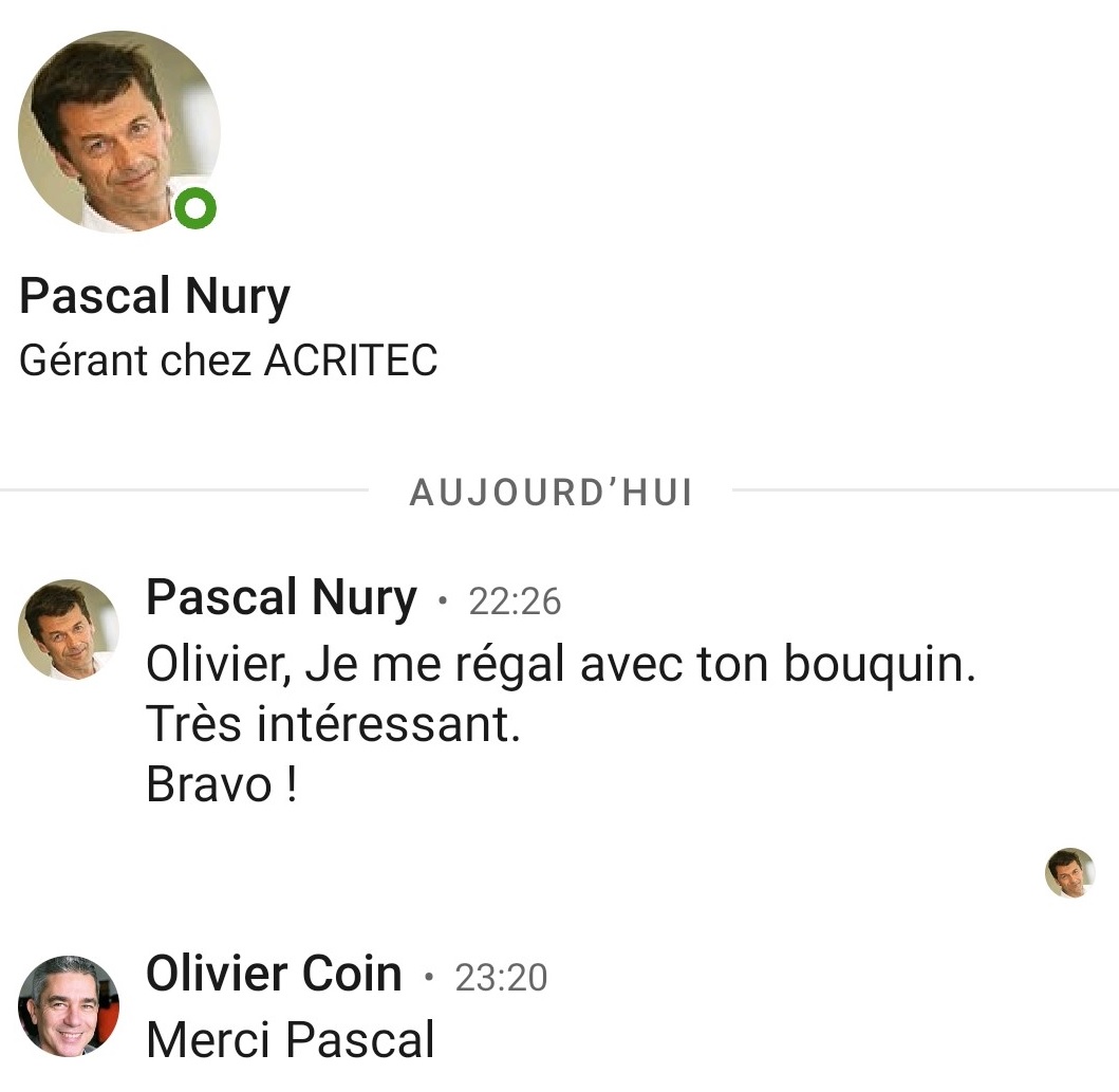 OlivierCoin's tweet photo. Merci à tous ceux qui me soutiennent. Je reçois de nombreux témoignages sympathiques de félicitations pour mon dernier livre qui me vont droit au cœur. Ici Pascal Nury dirigeant de la société ACRITEC https://t.co/StjJRe8Llb