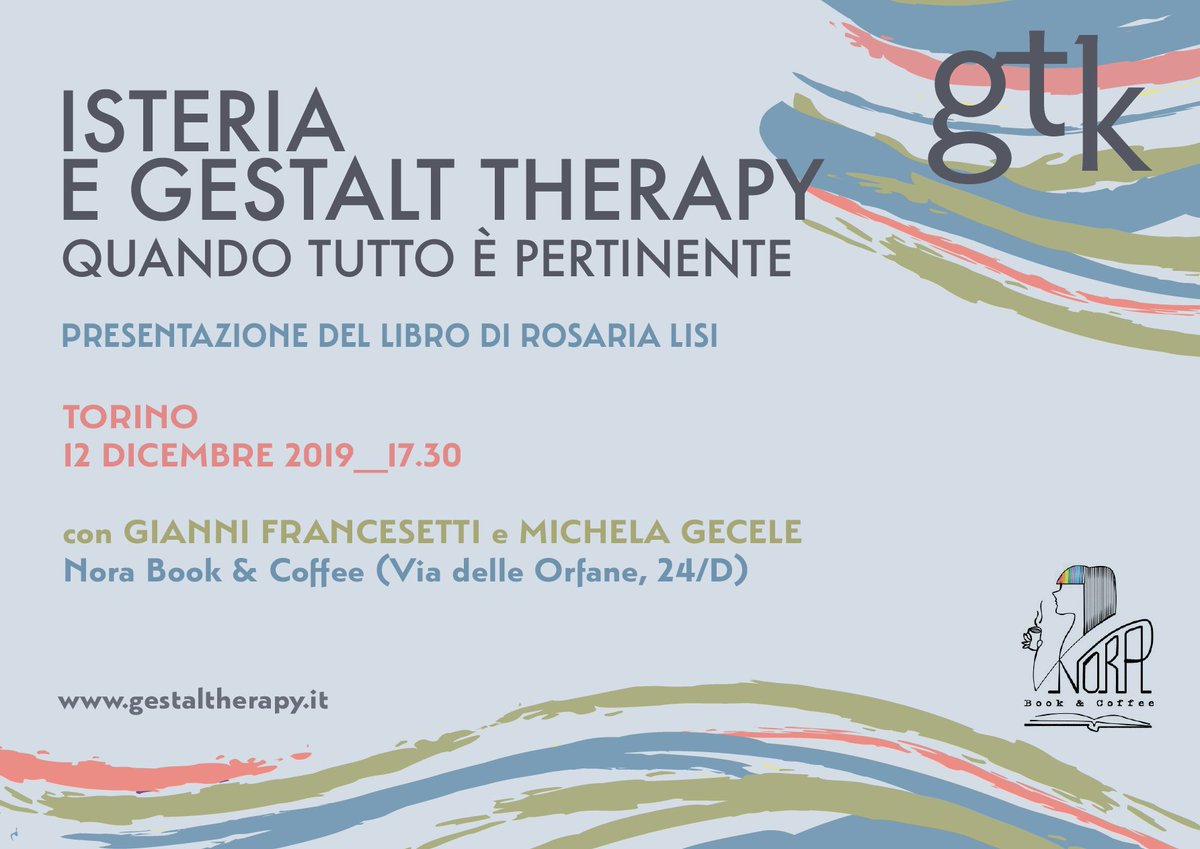 IPsiG_Torino's tweet photo. Oggi pomeriggio alle 17:30 vi aspettiamo da NORA Book &amp; Coffee per la presentazione del libro di Rosaria Lisi "Quando tutto è pertinente. Isteria e Gestalt Therapy".
A dialogare con l'autrice saranno @GFrancesetti e @MGecele, direttori IPsiG. https://t.co/66NZexbB5N