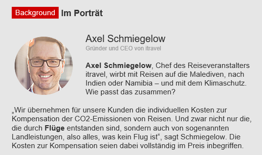 Axel Schmiegelow, Chef des Reiseveranstalters @itravel_de, wirbt mit Reisen auf die Malediven, nach Indien oder Namibia – und mit dem Klimaschutz. Wie passt das zusammen? Er hat ein Konzept für CO2-Kompensationen. Ein Porträt. @TspBackgroundMT ▶️bit.ly/2runMw4