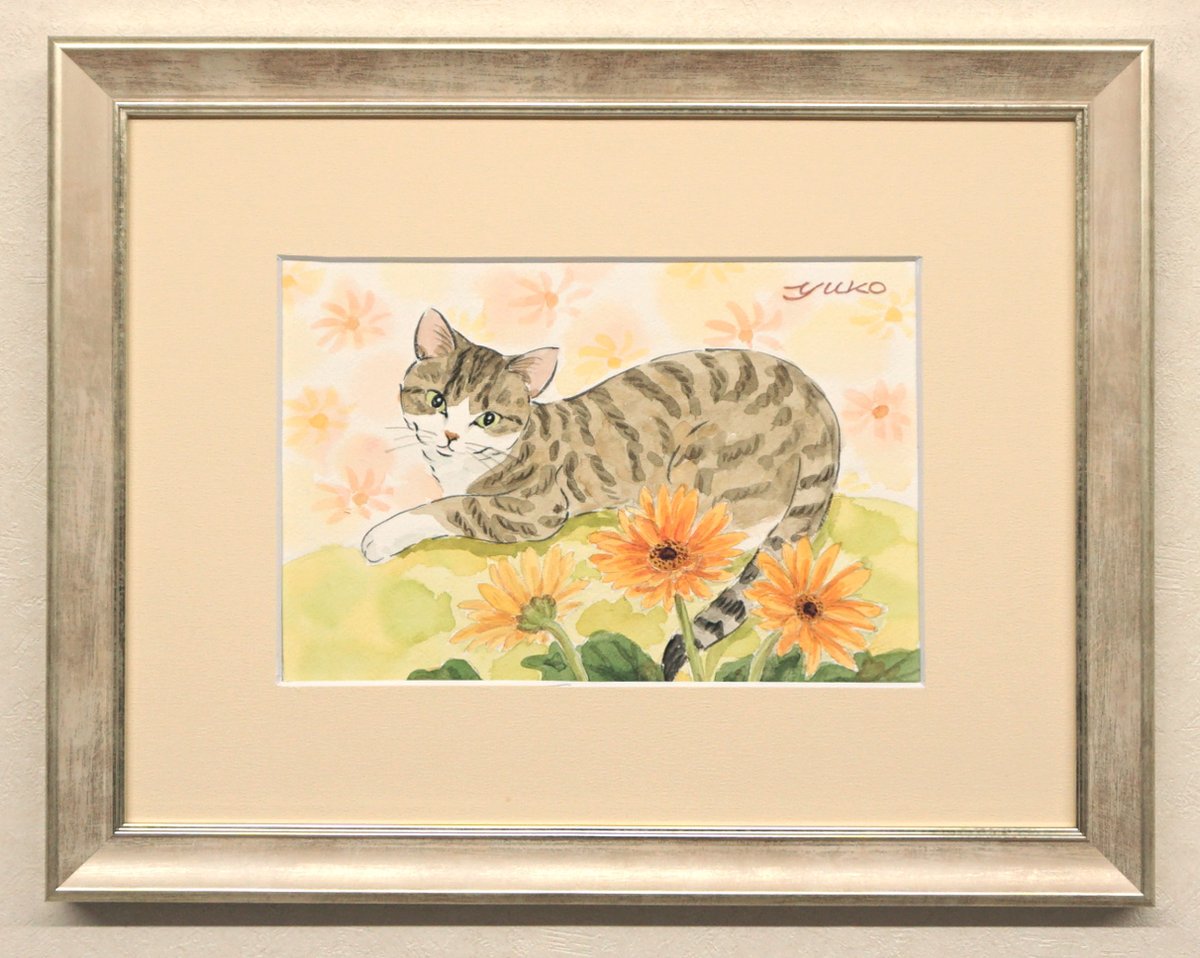 野の花のギャラリー 祐子 年ネコカレンダー表紙の原画です モデルは先代ネコのチーやんです おっとりした性格のとても 可愛いネコさんでした カレンダーはこちらからご覧になれます T Co Ycjknejodj 水彩画 透明水彩 猫の絵 年
