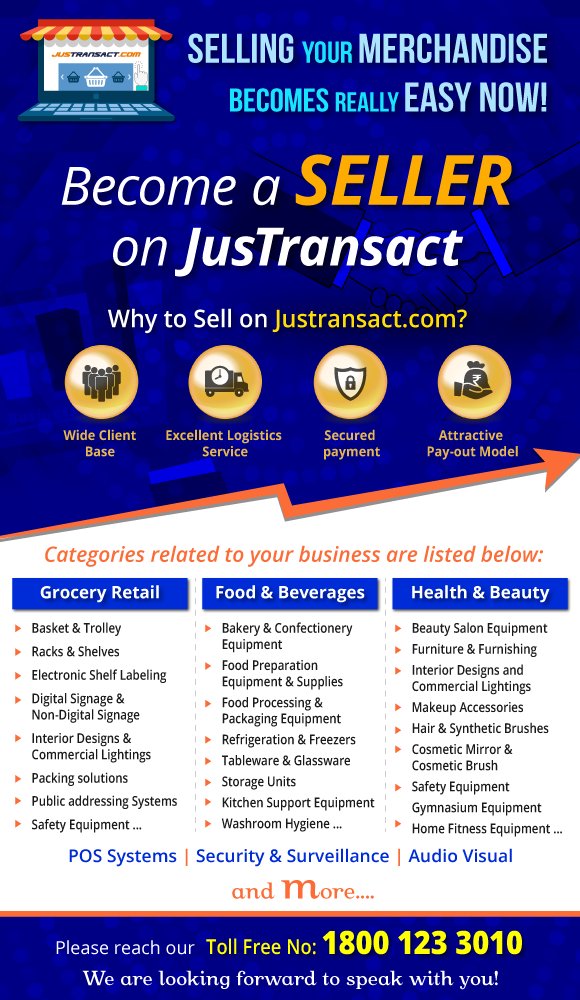 jusTransact's tweet photo. https://t.co/bOxtpXpgE6 - India's eCommerce POS Portal. Introducing soon with a New Marketplace Platform featured with RETAIL INFRASTRUCTURE In-store&amp; Back-store Products. We are happy to invite U to JOIN &amp; SELL your products across India. For details, Call:18001233010(Toll free) https://t.co/9LSQHRBc3N