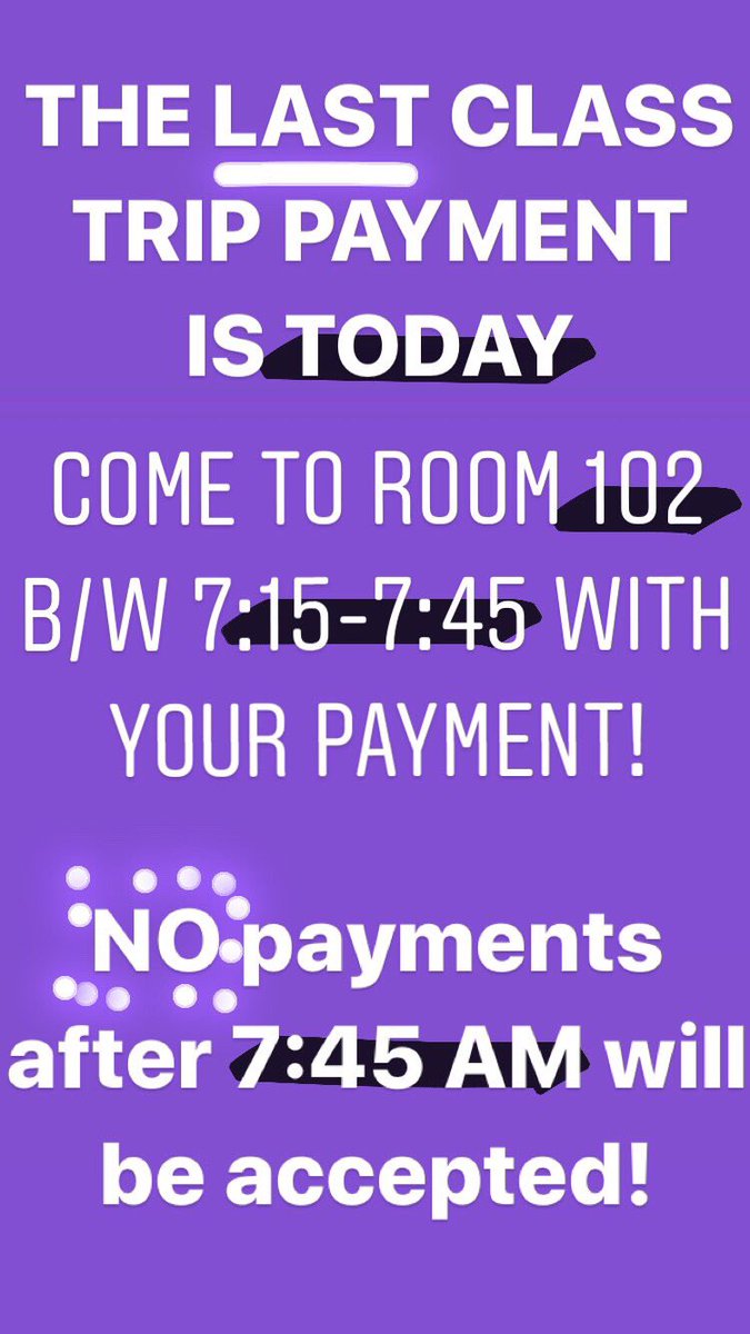 BASHClassof2020's tweet image. don’t forget! today is the last day of class trip payments! bring your money to room 102 from 7:15-7:45. unsure of what you owe? check out our most recent post on instagram @BASHClassof2020 !