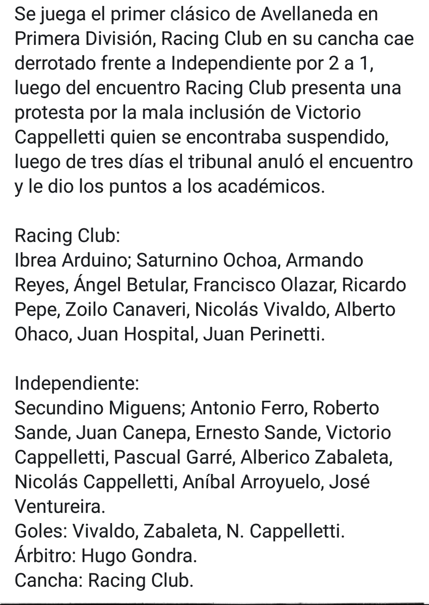 12 de diciembre de 1915.
Fecha 24 del Torneo de Primera División de la Asociación Argentina de Football.
Se juega el primer clásico de Avellaneda en Primera División. <a href="/CIHFHistoria/">C.I.H.F.</a> <a href="/rhdelfutbol/">Revisionismo Fútbol</a> <a href="/seba_cai/">seba_cai</a> <a href="/deptohistoriarc/">Investigaciones y Estadísticas Racing Club</a>