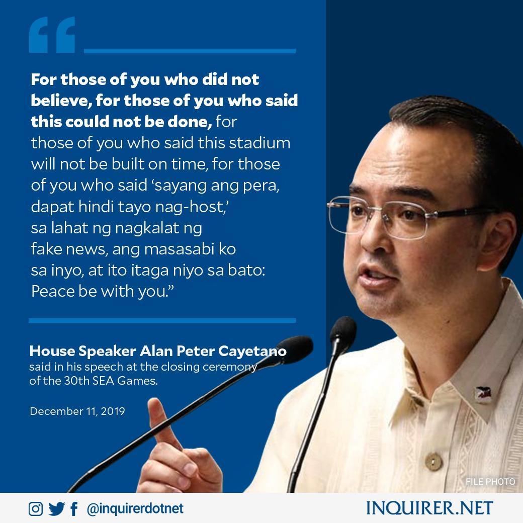 inquirerdotnet's tweet photo. What did you think of Phisgoc chair and House Speaker Alan Peter Cayetano's politically-charged speech before Southeast Asian athletes and spectators at the closing ceremony of the 30th SEA Games?  #SEAGamesClosingCeremony  https://t.co/Ae74jn0gzM https://t.co/nq7O5Doioc