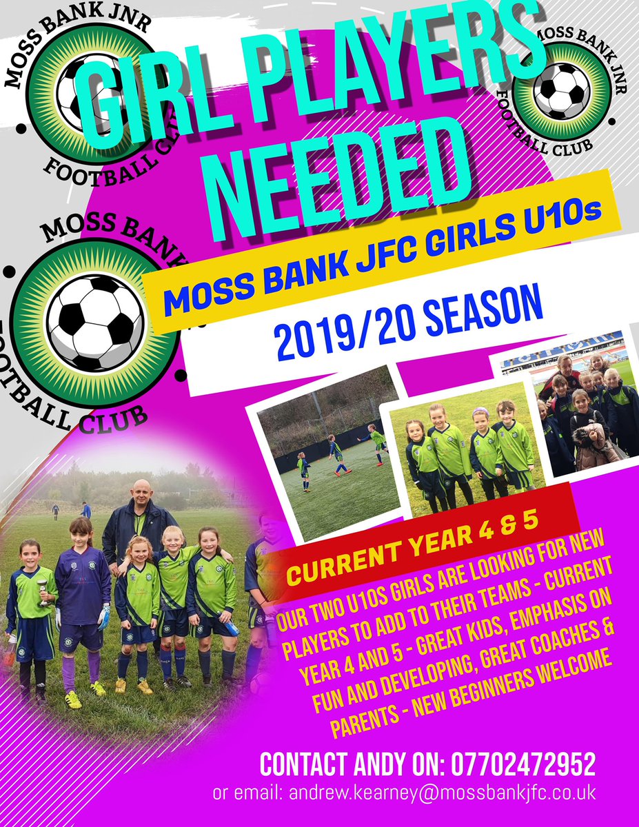 We are lookin to add Girls to our U10s teams ⚽️ this is current Year 4 &amp; 5 at primary school ⚽️ emphasis on learning football in a fun environment ⚽️ you interested? Contact Andy 07702472952 or email andrew.kearney@mossbankjfc.co.uk <a href="/OfficialNWGFL/">North West Girls Football League</a>  <a href="/OfficialBBDFL/">Bolton, Bury & District Football League</a> <a href="/ELFAJfl/">ELFA</a>