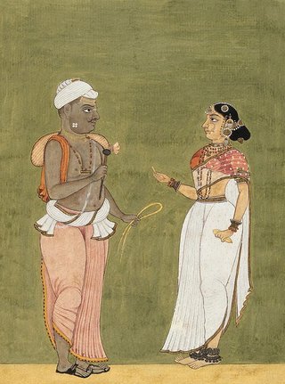 AGNSW collection village dweller but he may be a brahmin? or any sadhu-dweller to which lady is gifting something? he is with slippers? she without any slippers? company painting frm Tanjore(thanjavur) dress of lady not seems tamil? i doubt? she seems rich courtly lady?