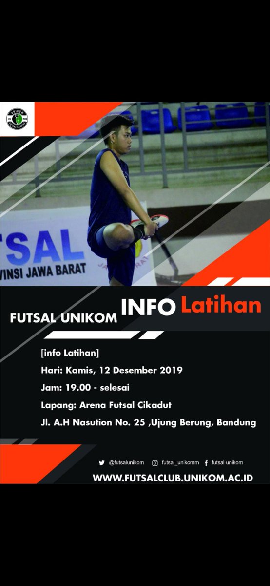 [info Latihan]
Hari: kamis, 12 Desember 2019
Jam: 19.00 - selesai
Lapang: Arena Futsal Cikadut

Jl. A.H Nasution No. 25 ,Ujung Berung, Bandung
