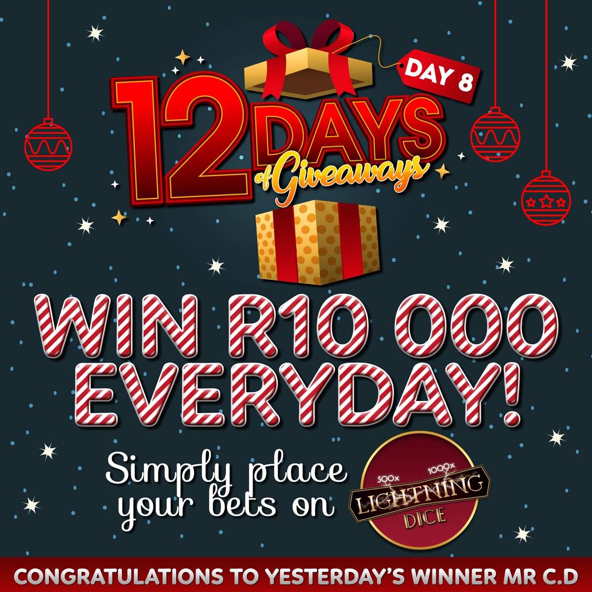 Lotto_Star's tweet photo. #Winnerwinnerchickendinner 🎉 🎉 #Congratulations to our Day 7 #winner in our #12DaysOfChristmas giveaway. MR C.D walks away with an awesome R10 000.💰🕺 Place your #bets on our #LightningDice, Live Game, today and you could be the #next #lucky winner! #HappyHolidays🎄 https://t.co/4IayMl7QbX