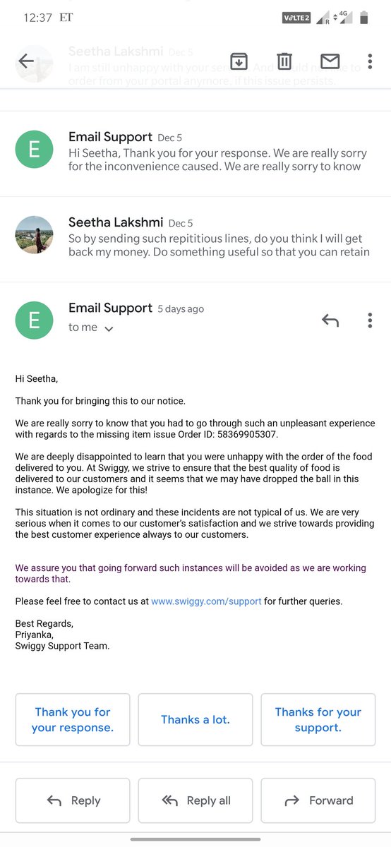 aishu1729's tweet photo. So disappointed with Swiggy's customer service on my previous order on Dec 3
When one of the items were missing from my order, they were not at all concerned about my refund, instead constantly copy pasting the same message.

@swiggy_in @SwiggyCares https://t.co/AlRnw5NQqj