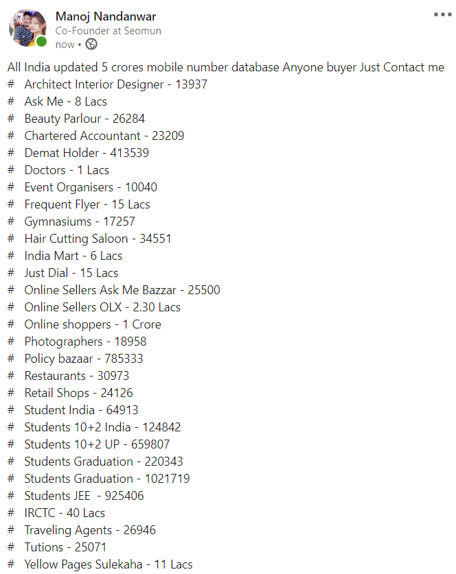 Seojournal_tech's tweet photo. All India updated 5 crores mobile number database Anyone buyer Just Contact me 
#   Architect Interior Designer - 13937
#   Ask Me - 8 Lacs
 ETC #india #internship #entrepreneurship #startups #marketing #jobs #digitalmarketing #onlinesellers #marketing #yellowpages https://t.co/iNO3KF1gQ3