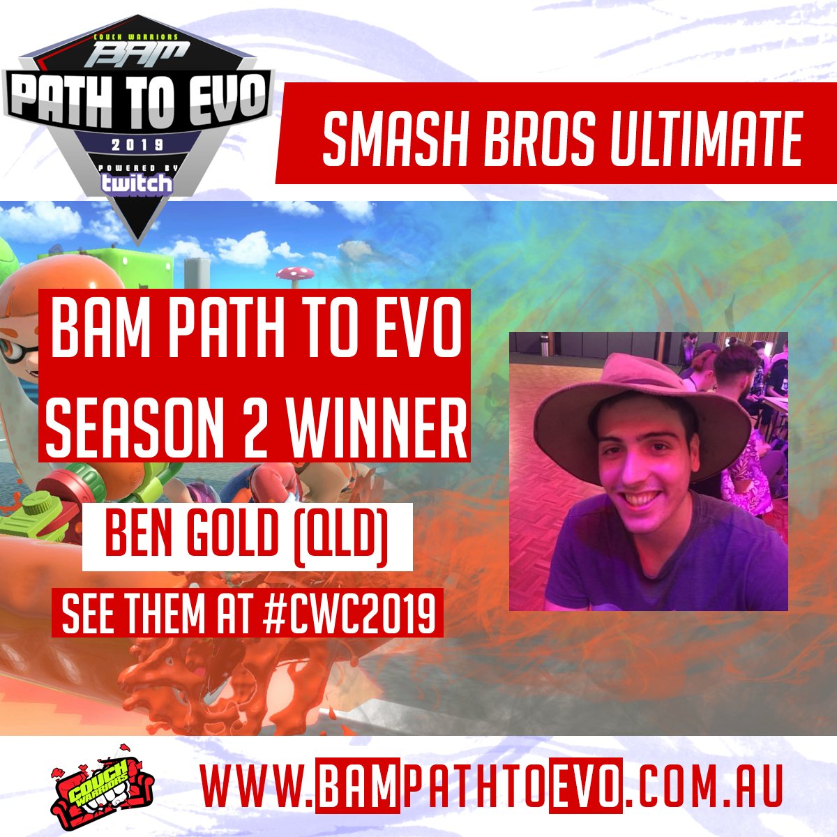 CouchWarriors's tweet photo. Your Super Smash Bros Ultimate #BAMPathToEvo S2 Champion: @BigBenGold!
CouchWarriors is proudly sponsoring the top players on the ladder with travel to CouchWarriors Crossup #CWC2019
Join the action Sat!
Rego: https://t.co/ZZ6T1qr1uR
#SSBU Ladder: https://t.co/qlMCXtqeHa https://t.co/oZPMmcaEkI