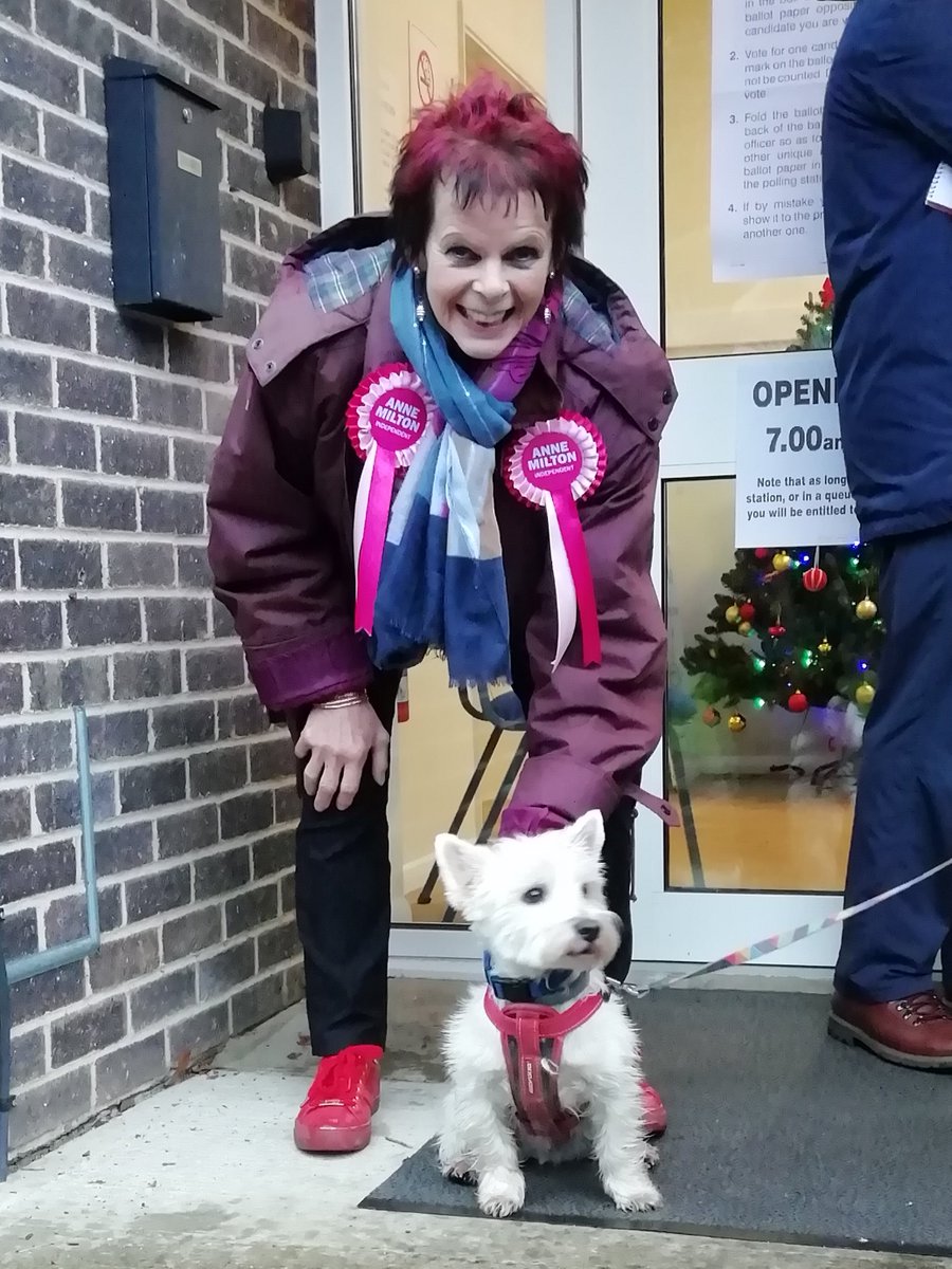simonpfraser's tweet photo. #dogsatpollingstations Mungo went to vote and found two candidates waiting to say hello. Anne agreed to pose with him. #veryindependentdog https://t.co/n7KKBwUsgv