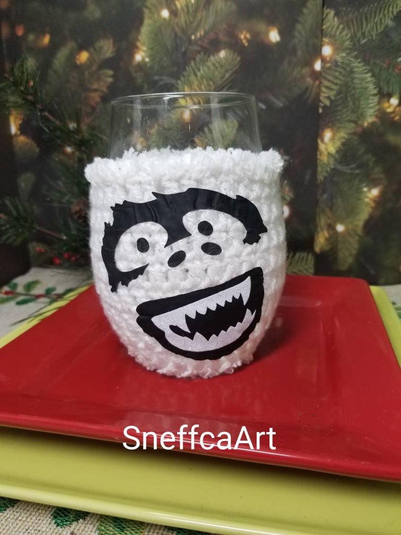 Rudy and Clara set, Abominable Yeti, Red and green Green Jingle set of 4, Wine Glass Cover, Party Favor, etsy.me/2Ec5vGt via <a href="/Etsy/">Etsy</a>