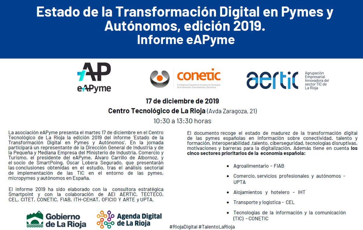 _lariojadigital's tweet photo. Presentación nacional del Informe eAPyme en cuya elaboración hemos colaborado, recoge el estado de madurez de la transf. digital de las pymes españolas en cinco sectores prioritarios de la economia
Inscripciones y más información:
https://t.co/dDOVZ592mX
#riojatic #TalentoLaRioja https://t.co/sYC3ucQsrM