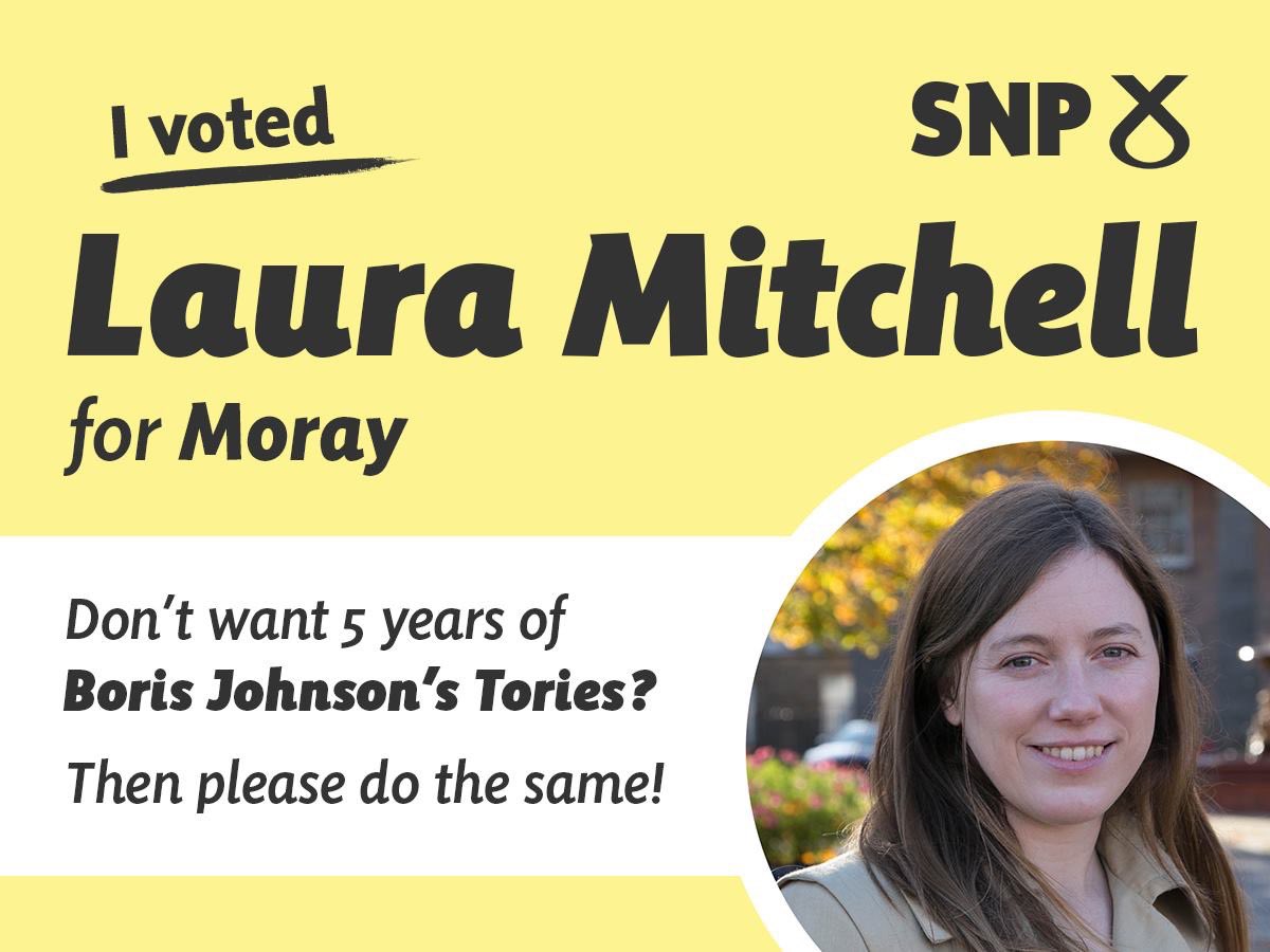 LewisFeatch's tweet photo. I’ve just voted for @MorayLaura! 🗳

We need an @theSNP MP here in Moray to stop Boris Johnston’s Tories and ensure Scotland’s voice is heard at Westminster. 🗣

Only the SNP can beat the Tories here so get out and vote SNP! 💛

#VoteSNP #GeneralElection2019 https://t.co/UfiLc1e31M
