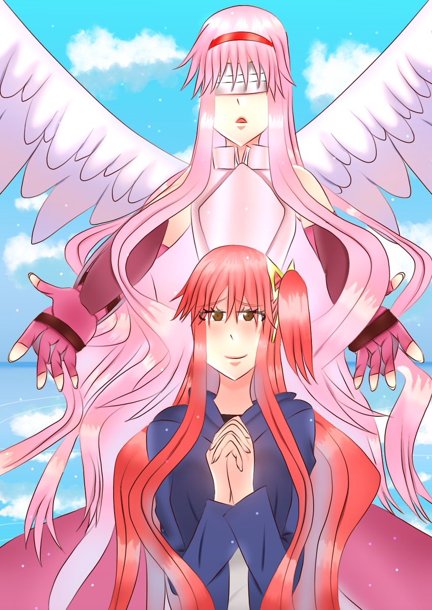 ツナ96 Twitterren 天使と少女 オリキャラ イラスト オリジナルイラスト 女の子 天使 リボン ピンク髪 翼