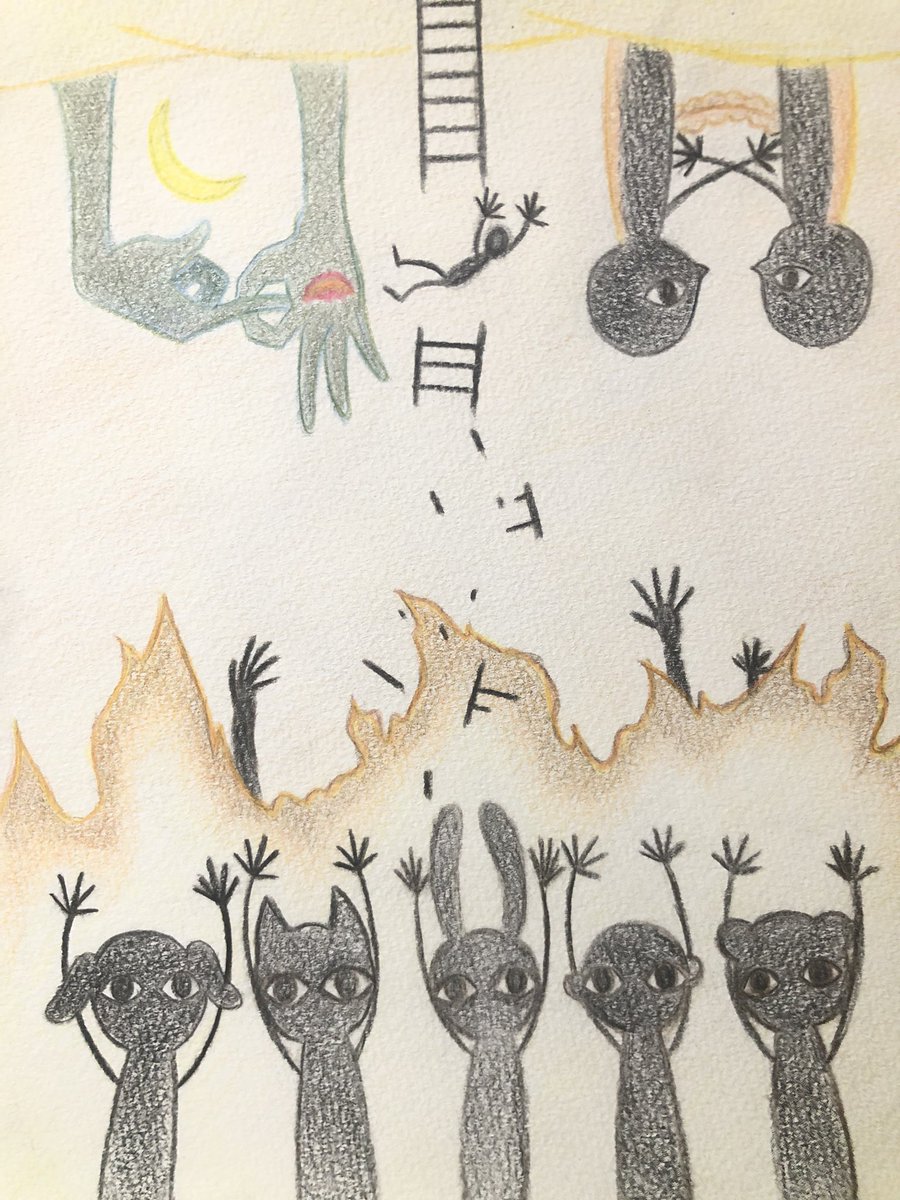 暁月くらげ おうち掃除してたら昔描いたスケブが出てきた 左はあさきの 天庭 を聴きながら描いたやつ 右はガチの神曲を読んで冒頭のシーンを描いたものだったと思います アナログにはアナログの良さがあるなー 天庭 神曲 あさき