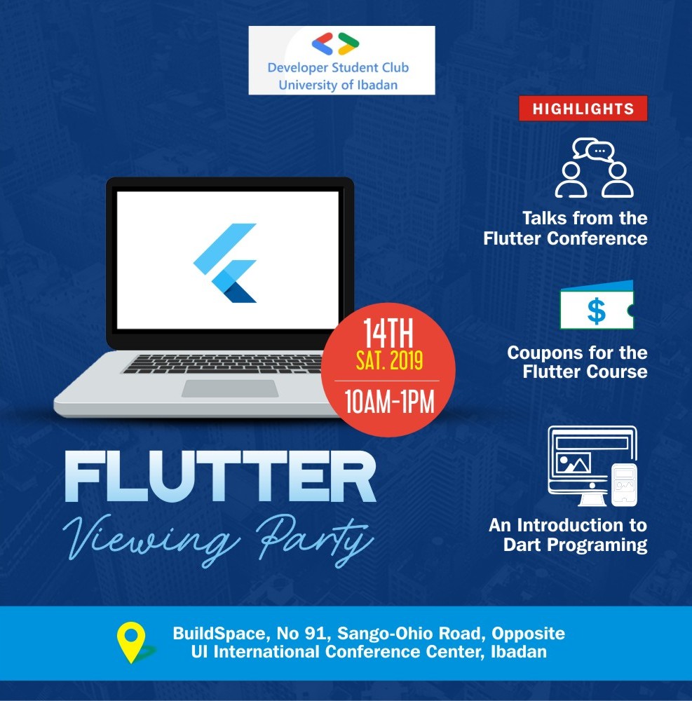 gdg_ui's tweet photo. Join us on Saturday as we host #FlutterViewingParty where attendees will be introduced to #Dart programming, get coupons for flutter course and be inspired by talks from #flutter conference.
Let's journey to the #FlutterLand
#flutterAdobeXD
#appdevelopment https://t.co/Zx1bPDhXQs
