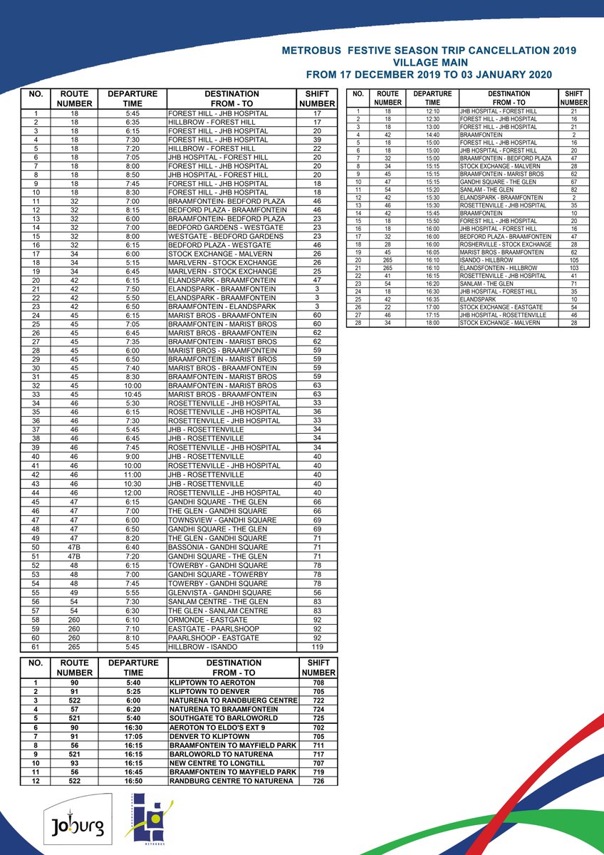 Joburg Metrobus (@joburgmetrobus) on Twitter photo Good morning mbus commuters, please note that this is our festive season schedule. Thanks.
<a href="/CityofJoburgZA/">City of Joburg</a> Good morning mbus commuters, please note that this is our festive season schedule. Thanks.
<a href="/CityofJoburgZA/">City of Joburg</a>