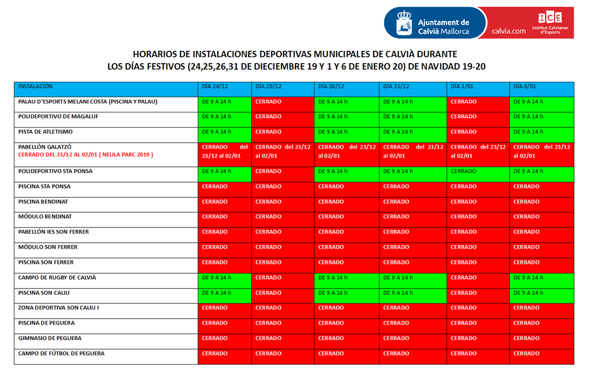 INFORMACIÓN IMPORTANTE:  horarios de las instalaciones deportivas municipales de Calvià durante los días festivos de navidad (24, 25,26,31 dic., 1 y 6 enero).

Esperamos que te sirva para planificarte.

horarios: 
drive.google.com/file/d/1qiVsrs…

Con Ajuntament de Calvià Eva Serra
