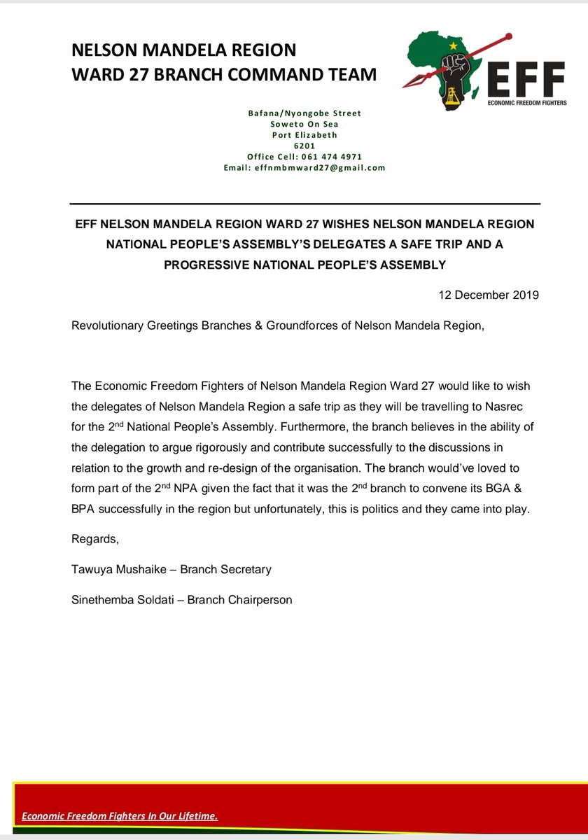 Effward27's tweet photo. @EFFSouthAfrica @EFF_EC2019 @EFFNMR @Effward27 would like to wish the NPA Delegates of Nelson Mandela Region a successful trip and a progressive NPA. https://t.co/yRh8bpjpWM