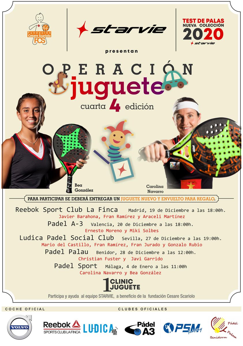 FCScariolo's tweet image. Tenemos fechas de "Operación Juguete", ¡¡su cuarta edición!!
Gracias @starviepadel y a todas las personas que lo hacen posible.
En Málaga la cita es el 4 de enero con @navarrocarolina y @beaglez_padel 
¡Os esperamos en unas jornadas de pádel inolvidable!
#PádelSolidario