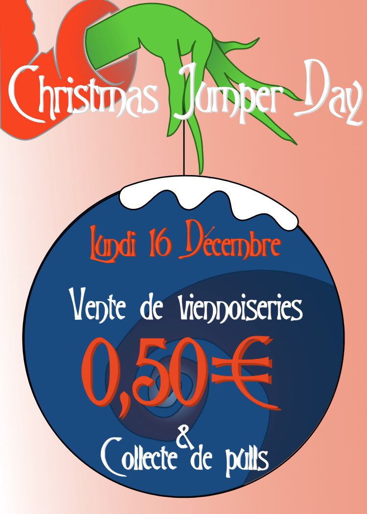 CvlCDG's tweet photo. J-4 avant le Xmas Jumper Day ! Lundi 16 décembre, venez défiler avec votre pull moche de Noël ! Au programme : 
• vente de pains au chocolat et croissants à 0,50€ aux récrés au profit de Save The Children
• chants de Noël, défilé et collecte de pulls pour Emmaüs https://t.co/G5tLIDEAoD