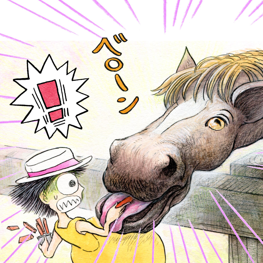 ハイハイミミ Twitterren 牧場あるあるイラスト Ver 3 馬にニンジンをあげようとして 手もベロンと舐められる 牛もまたしかり 牧場絵本 絵本 牧場 あるある 制作中 馬 馬にニンジン イラスト 水彩 動物 動物の絵 馬の顔 女の子 注意 T Co
