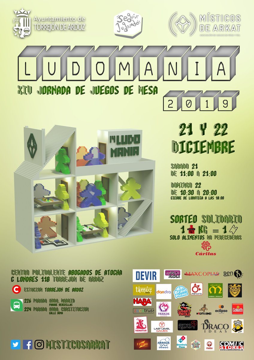 MisticosArkat's tweet photo. Aqui está el cartel oficial de #Ludomania2019, El 21  y el 22 de diciembre en el Centro Polivalente Abogados de Atocha C/ Londres 11b, Torrejon de Ardoz. Pondremos a vuestra disposición la Ludoteca, demos, autores con sus protos, actividades, y trae alimentos para @CaritasMadrid https://t.co/PqhFm7msIF