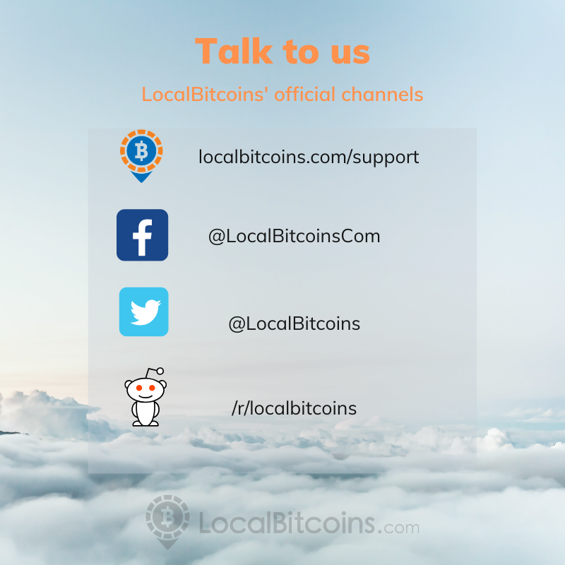 LocalBitcoins's tweet photo. Here are the official channels how you can contact LocalBitcoins. 
⚠️ Beware of phishing! We never contact our customers over email or phone!
Visit our website here: https://t.co/xo28wlfPn8 https://t.co/yicwpAsYEh